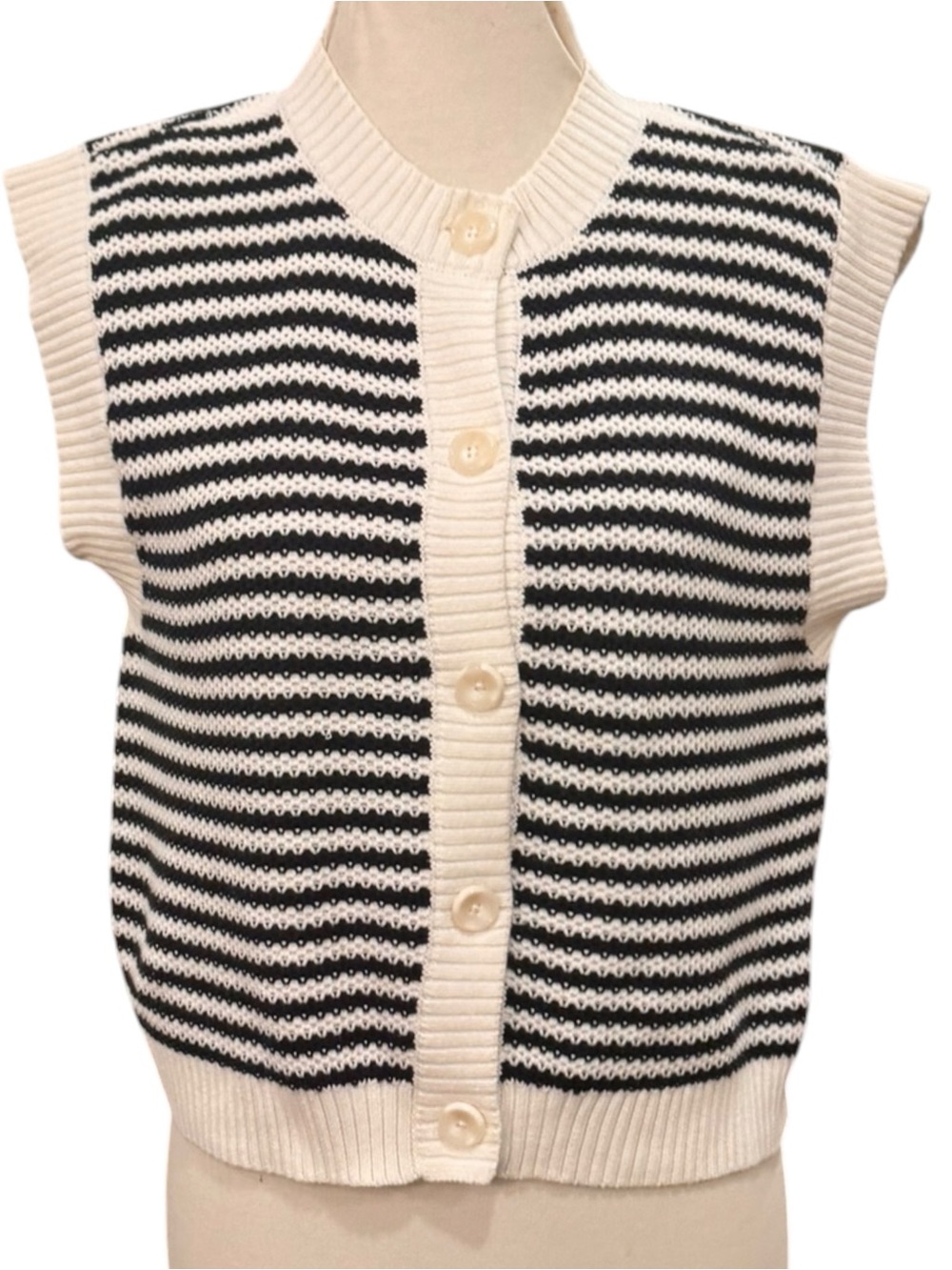 Sleeveless Black and White Striped Knit Sweater Vest cotton sz M